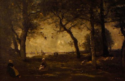 Honfleur a tenger a fák mögött alkotó: Jean Baptiste Camille Corot